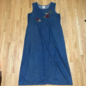 TRADITION Oversized Cottagecore  Denim Foliage Embroidered Sleeveless Dress